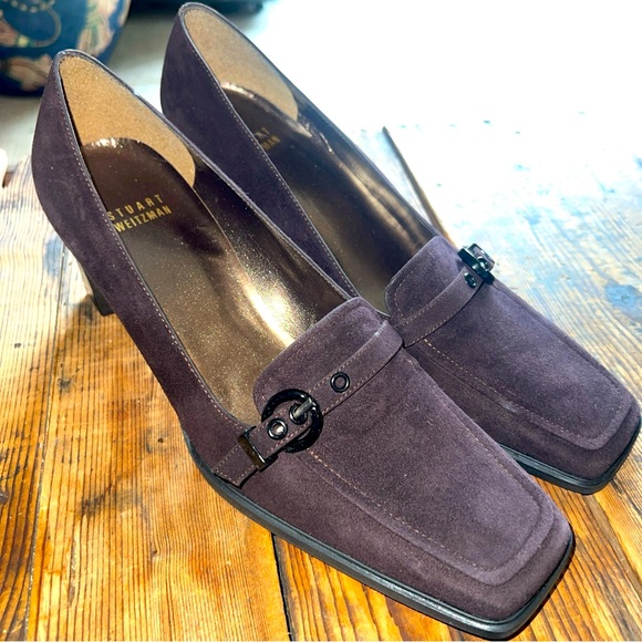 Stuart Weitzman Chocolate Brown Suede Square Toe Stacked Heel Pumps Size 8B - Picture 1 of 11